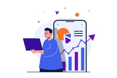 İş büyümesi web pankartı tasarımı için modern düz konsept. Adam, şirket gelirlerindeki artışla grafikleri ve grafikleri inceliyor. Dizüstü bilgisayarla çalışan bir iş adamı. İzole edilmiş insanlar görüntüsü