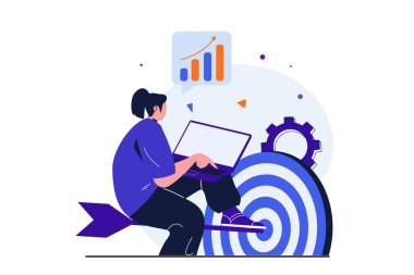 Web afiş tasarımı için modern düz konsept iş hedefi. İş kadını dizüstü bilgisayarda çalışır, istatistikleri analiz eder, hedef kitleyi doğru vuruş için inceler. İzole edilmiş insanlar görüntüsü