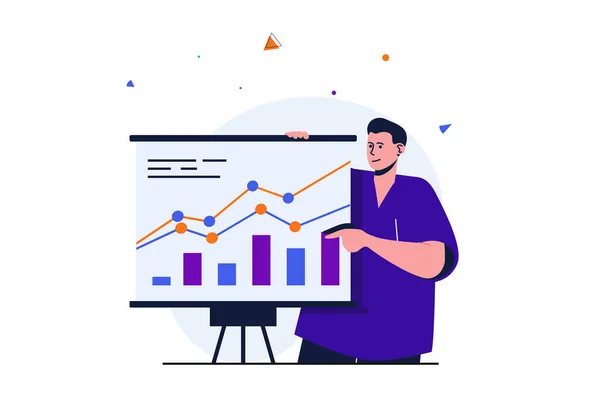 Business growth modern flat concept for web banner design. Businessman makes presentation with company indicators, financial growth on charts report. Illustration with isolated people scene