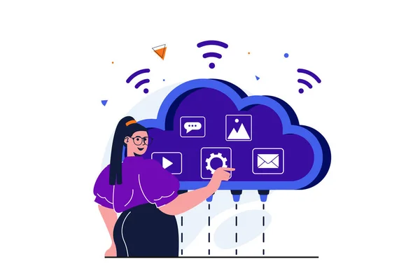 Web pankartı tasarımı için modern düz konsept bulut hesaplaması. Kadın verileri, videoları, resimleri, çevrimiçi yazışmaları ve e-postaları güvenli bulut deposunda saklıyor. İzole edilmiş insanlar görüntüsü — Stok fotoğraf