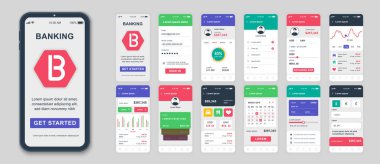Ui, Ux, Gui ekranları Bankacılık uygulaması mobil uygulamalar, duyarlı web sitesi tel kafesleri için şablon uyguluyor. Web tasarım Ui kiti. Bankacılık Panosu.