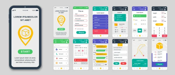 Zestaw UI, UX, ekrany GUI aplikacja do dostarczania płaski szablon projektu dla aplikacji mobilnych, responsywny szkielet strony internetowej. Web Design UI zestaw. Pulpit nawigacyjny dostawy. — Wektor stockowy