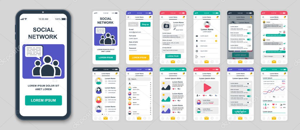 Set of UI, UX, GUI screens Social Network app flat design template for mobile apps, responsive website wireframes. Web design UI kit. Social Network Dashboard.