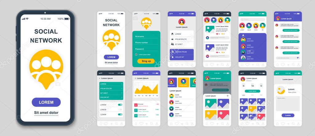 Set of UI, UX, GUI screens Social Network app flat design template for mobile apps, responsive website wireframes. Web design UI kit. Social Network Dashboard.