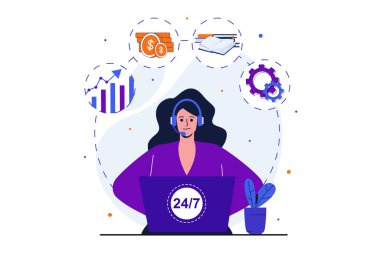 Web pankartı tasarımı için modern konsept. Kadın verileri analiz ediyor ve müşterilere yardım hattında saat başı danışmanlık yapıyor. Finansal danışman. İzole edilmiş insanlar görüntüsü