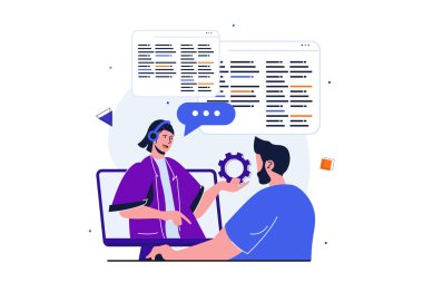 Web pankartı tasarımı için modern konsept. Adam teknik desteğe başvurdu, kişisel danışman müşteri sorununu çözmeye yardımcı oldu. İzole edilmiş insanlar görüntüsü