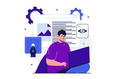 Web pankartı tasarımı için modern düz tasarım stüdyosu. Adam geliştirici dizüstü bilgisayarda çalışır, kod ve senaryolar yazar, web sitesi düzenini oluşturur ve optimize eder. İzole edilmiş insanlar görüntüsü