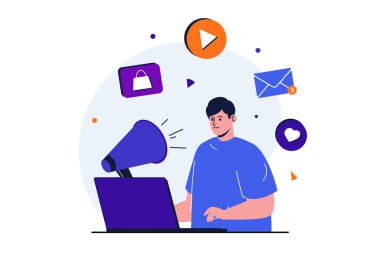 Web pankartı tasarımı için dijital pazarlama modern düz konsept. Erkek pazarlamacı tanıtım videosu içeriği yaratır, posta atar ve yeni müşteriler çeker. İzole edilmiş insanlar görüntüsü