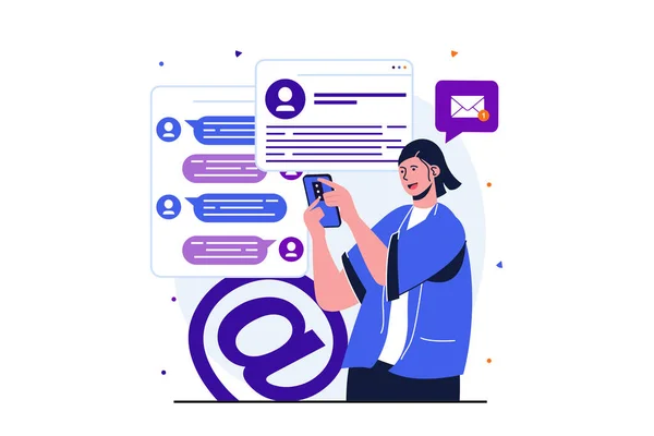 Servicio de correo electrónico moderno concepto plano para el diseño de banners web. Mujer se comunica en línea mediante chats, mensajeros instantáneos y correo electrónico, la creación de redes en el teléfono móvil. Ilustración con escena de personas aisladas — Foto de Stock