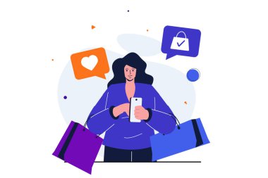 Mobil ticaret modern web pankartı tasarımı için düz konsept. Alışveriş torbaları olan bir kadın başvuru formu kullanarak çeşitli mağazalara göz atıyor ve alışveriş yapıyor. İzole edilmiş insanlar görüntüsü