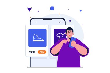 Mobil ticaret modern web pankartı tasarımı için düz konsept. Müşteri çevrimiçi mağazadan mal seçer, fiyatları karşılaştırır, başvuruda satın alır. İzole edilmiş insanlar görüntüsü