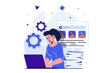 Ofis web pankartı tasarımı için modern düz konsept üzerinde çalışıyor. Kadın çalışan dizüstü bilgisayarda, ayarlarda ve optimize iş akışında çalışır, evrak işleri yapar, görevleri tamamlar. İzole edilmiş insanlar görüntüsü