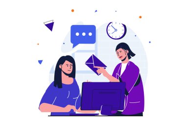 Ofis web pankartı tasarımı için modern düz konsept üzerinde çalışıyor. Kadın dizüstü bilgisayarda çalışıyor ve iş arkadaşı zarfı ve iş mektuplarını getiriyor. İzole edilmiş insanlar görüntüsü