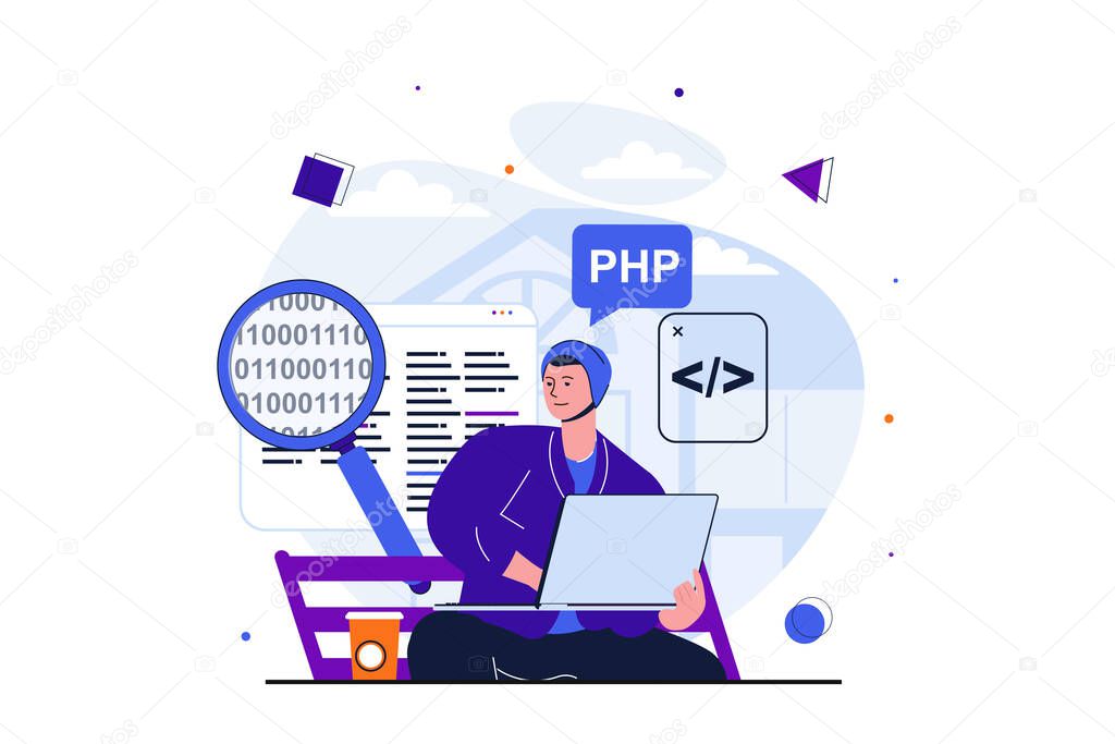 Freelance working modern flat concept for web banner design. Male developer programs and codes using laptop and sitting on park bench, working remotely. Illustration with isolated people scene