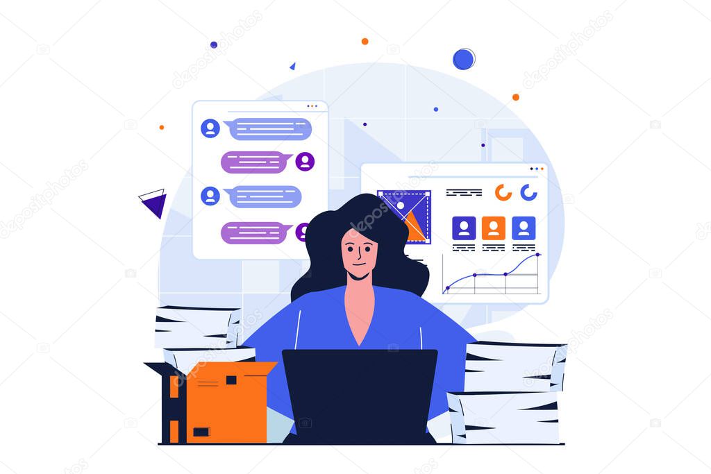 Office work modern flat concept for web banner design. Female employee working on laptop, doing paperwork, answering work chat and completing tasks. Illustration with isolated people scene