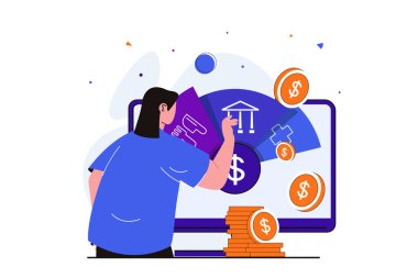 Web afişi tasarımı için finansal bütçe modern düz konsept planlama. Gıda, ilaç ve vergi giderlerini analiz eden muhasebeci tasarruf yapıyor. İzole edilmiş insanlar görüntüsü