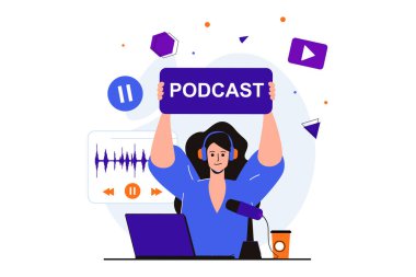 Web pankartı tasarımı için podcast modern düz konsept. Kulaklıklı kadın ses yayını kaydediyor ve stüdyoda dizüstü bilgisayarda çalışıyor. DJ radyoda çalışıyor. İzole edilmiş insanlar görüntüsü