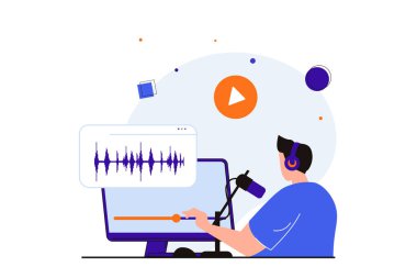Web pankartı tasarımı için podcast modern düz konsept. Kulaklıklı bir adam, profesyonel ekipmanlarda podcast 'i kaydediyor ve bilgisayardaki sesleri işliyor. İzole edilmiş insanlar görüntüsü