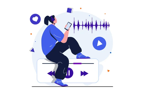 Web pankartı tasarımı için podcast modern düz konsept. Kulaklıklı kadın mobil uygulama kullanarak canlı yayın dinliyor. Dinleyici müzikten hoşlanır. İzole edilmiş insanlar görüntüsü — Stok fotoğraf