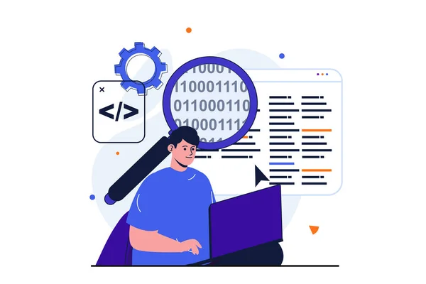 Programador que trabaja concepto plano moderno para el diseño del banner de la tela. El desarrollador masculino analiza y optimiza el código, configura el software y trabaja en el portátil. Ilustración con escena de personas aisladas — Foto de Stock