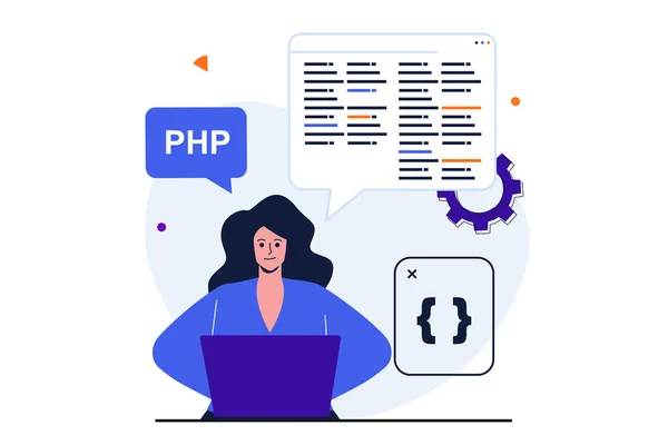 Programator de lucru concept modern plat pentru web banner design. Femeie dezvoltator analizează și optimizează codul pe ecran, inginerie, de lucru la laptop. Ilustrație cu oameni izolați scenă — Fotografie, imagine de stoc