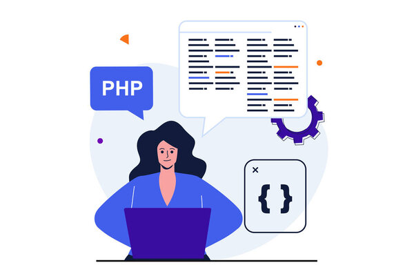 Programmer working modern flat concept for web banner design. Woman developer analyzes and optimizes code on screen, engineering, working at laptop. Illustration with isolated people scene