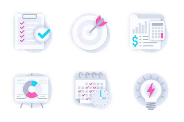 Planning web concept of 3d paper icons set. Pack flat pictograms of to-do list, target, financial account, chart, calendar, time management and new idea. Vector elements for mobile app and website — Stock Vector