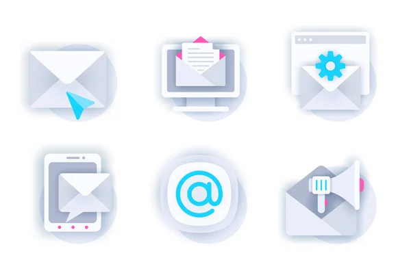 Email service web concept of 3d paper icons set. Pack flat pictograms of sending letter, online correspondence, settings, chat message, promotional mailing. Vector elements for mobile app and website — Stock Vector