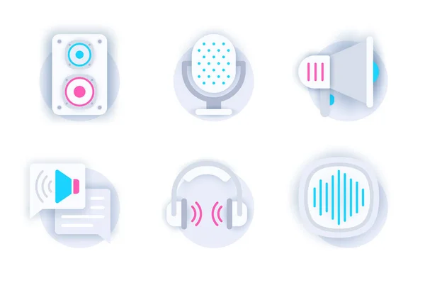 Voice and audio web concept of 3d paper icons set. Pack flat pictograms of music column, microphone, loudspeaker, notification, headphones, sound button. Vector elements for mobile app and website — Stock Vector