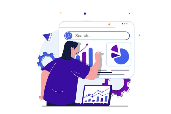 Försäljningsprestanda modernt platt koncept för web banner design. Kvinna analyserar finansiella data på instrumentpanelen, arbetar med bärbar dator och studerar vinststatistik. Illustration med isolerade människor scen — Stockfoto