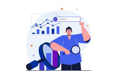 Seo, web pankartı tasarımı için modern düz konsepti analiz ediyor. Büyüteç ayarlı adam arama motoru, istatistik verilerini analiz eder ve web sitesini optimize eder. İzole edilmiş insanlar görüntüsü