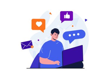 Web pankartı tasarımı için sosyal medya pazarlaması modern düz konsept. Pazarlamacı dizüstü bilgisayarda çalışıyor, reklam postaları yapıyor, yeni müşterileri çevrimiçi çekiyor. İzole edilmiş insanlar görüntüsü