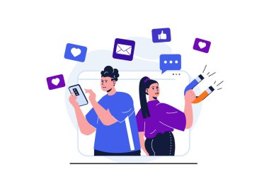 Web pankartı tasarımı için sosyal medya pazarlaması modern düz konsept. Erkek mobil uygulama reklamları yapıyor, mıknatısı olan kadın yeni müşteriler çekiyor. İzole edilmiş insanlar görüntüsü