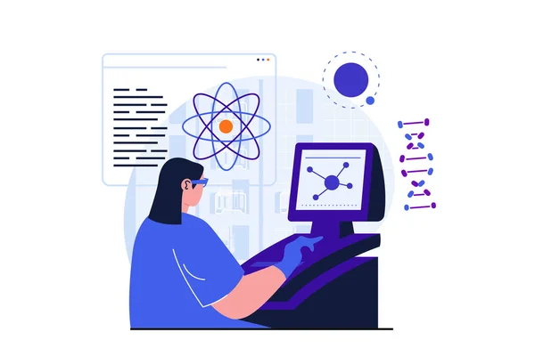 Vědecký výzkum moderní plochý koncept pro web banner design. Vědkyně zkoumá atomovou strukturu a analyzuje data pomocí počítače v laboratoři. Ilustrace s izolovanou scénou — Stock fotografie