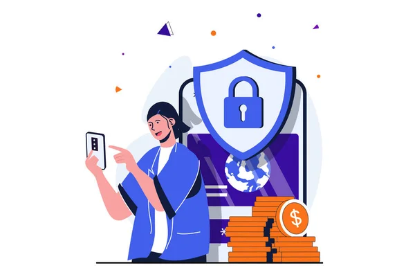 Pagamento sicuro concetto piatto moderno per la progettazione di banner web. Donna utilizza proteggere l'applicazione mobile per il banking online e tiene i suoi soldi in conto. Illustrazione con persone isolate scena — Foto Stock