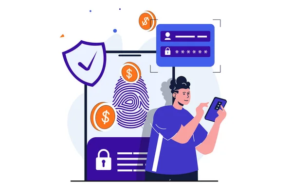 Secure payment modern flat concept for web banner design. Man confirms his identity with fingerprint and manages his financial account online in app. Illustration with isolated people scene