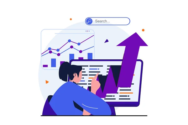 Análise Seo conceito plano moderno para design de banner web. Homem com lupa analisa dados e resultados de busca, melhora rankings e otimiza o site. Ilustração com pessoas isoladas cena — Fotografia de Stock