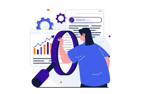 Seo analyse modern plat concept voor web banner design. Vrouw met vergrootglas bestudeert gegevens van zoekopdrachten op grafieken, optimaliseert en bevordert sites. Illustratie met geïsoleerde mensenscène — Stockfoto