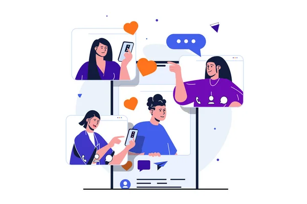 Red social moderno concepto plano para el diseño de banners web. Hombres y mujeres chatear en mensajero en teléfonos móviles, se comunica en línea, publicar fotos y noticias. Ilustración con escena de personas aisladas —  Fotos de Stock