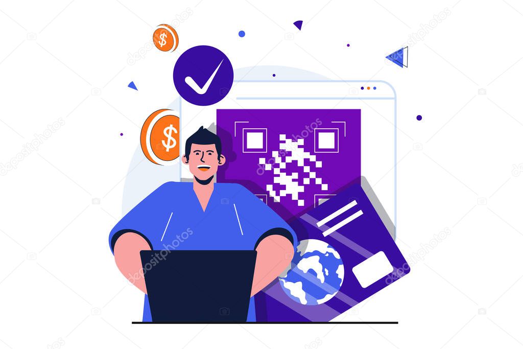 Secure payment modern flat concept for web banner design. Man buys online and making payment with credit card in website. Protection of transactions. Illustration with isolated people scene