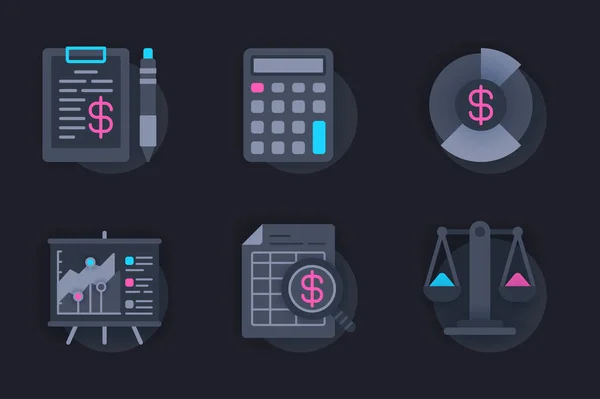 Финансовый отчет веб-концепция 3D бумажные иконки набор. Упаковка плоские пиктограммы аудита и финансового учета, сбережений и увеличения прибыли стратегии, инвестиций. Векторные элементы для сайта в темном стиле — стоковый вектор