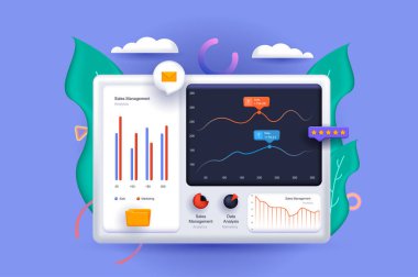 Veri analizi konsepti 3D çizim. Grafik ve grafiklerle gösterge paneli olan simge bileşimi, istatistik çalışmak ve ekranda bilgiyle çalışmak. Modern web tasarımı için vektör illüstrasyonu