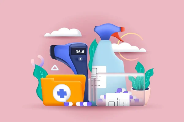 Ilustrasi Medis Konsep 3D. Komposisi ikon dengan alat medis, termometer, semprotan antiseptik, pil dan obat-obatan, perawatan dan diagnosis di klinik. Ilustrasi vektor untuk desain web modern - Stok Vektor