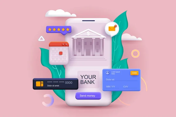 Mobil bank koncepció 3D illusztráció. Ikonösszetétel mobil alkalmazással online banki szolgáltatásokkal, számlákkal, hitelkártyákkal, tranzakciókkal és pénzügyi eszközökkel. Vektor illusztráció a modern web design — Stock Vector