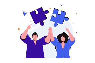 Web afişi tasarımı için takım çalışması modern düz kavram. Erkek ve kadın işbirliği yapar ve birlikte çalışırlar, bulmacaları birleştirip sınavı geçerler, ofiste iş akışı sağlarlar. İzole edilmiş insanlar görüntüsü
