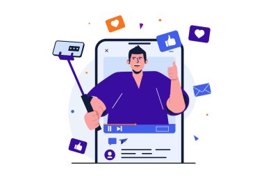Web afişi tasarımı için modern düz konsept video bloglama. Selfie çubuğu olan bir adam akıllı telefon kamerasından video bloğu kaydediyor ya da takipçilerine canlı yayın yapıyor. İzole edilmiş insanlar görüntüsü