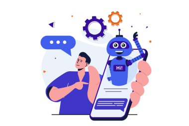 Web afişi tasarımı için sanal yardımcı modern düz konsept. Adam müşteri destek servisine yazar ve operatörle irtibata geçmeden önce sohbet robotuyla konuşur. İzole edilmiş insanlar görüntüsü