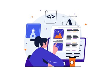 Web tasarımcısı, web afişi tasarımı için modern düz konsept. Kadın kod ve senaryoları oluşturur ve optimize eder, site düzenine grafik içerikli blokları yerleştirir. İzole edilmiş insanlar görüntüsü