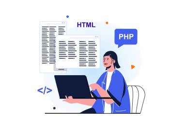Web afişi tasarımı için modern düz konsept üzerinde çalışan kadınlar. Kadın programcı olarak çalışıyor, programlar geliştiriyor, Html ve PhP 'de kod yazıyor, bilişim sektöründe çalışıyor. İzole edilmiş insanlar görüntüsü