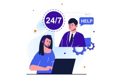 Web afişi tasarımı için modern düz konsept üzerinde çalışan kadınlar. Kadın çağrı merkezinde çalışıyor, müşteriyle görüşüyor ve yardım masasındaki aramalara cevap veriyor. İzole edilmiş insanlar görüntüsü